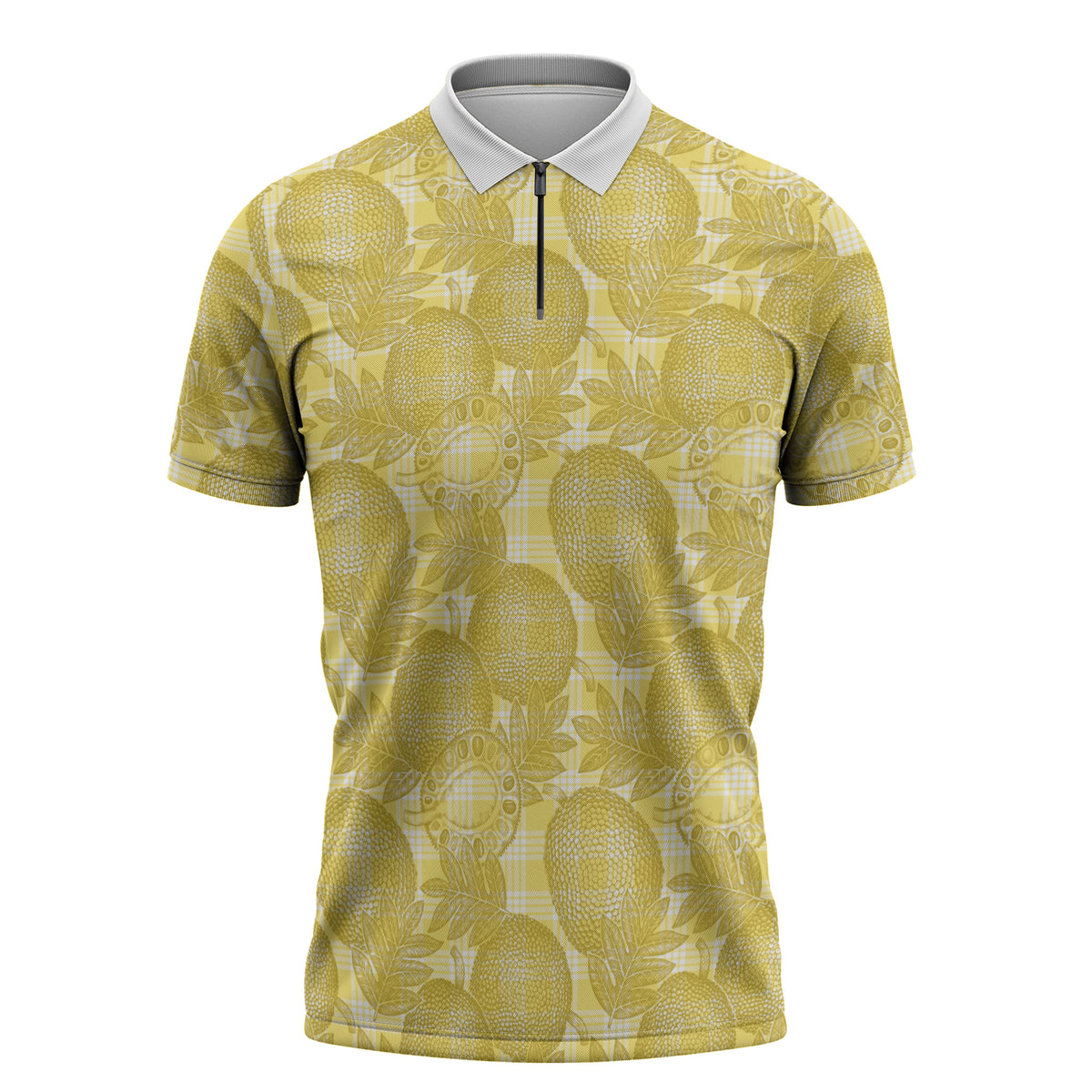 Melemele Hawaii Breadfruit Palaka Motifs Zipper Polo Shirt LT14 Yellow - Polynesian Pride