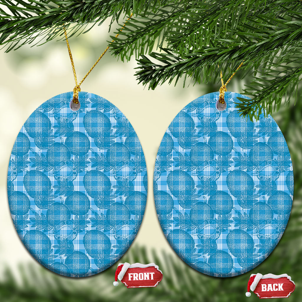 Polu Hawaii Breadfruit Palaka Motifs Ceramic Ornament LT14 Oval Blue - Polynesian Pride