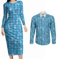 Polu Hawaii Breadfruit Palaka Motifs Couples Matching Long Sleeve Bodycon Dress and Long Sleeve Button Shirt LT14 Blue - Polynesian Pride