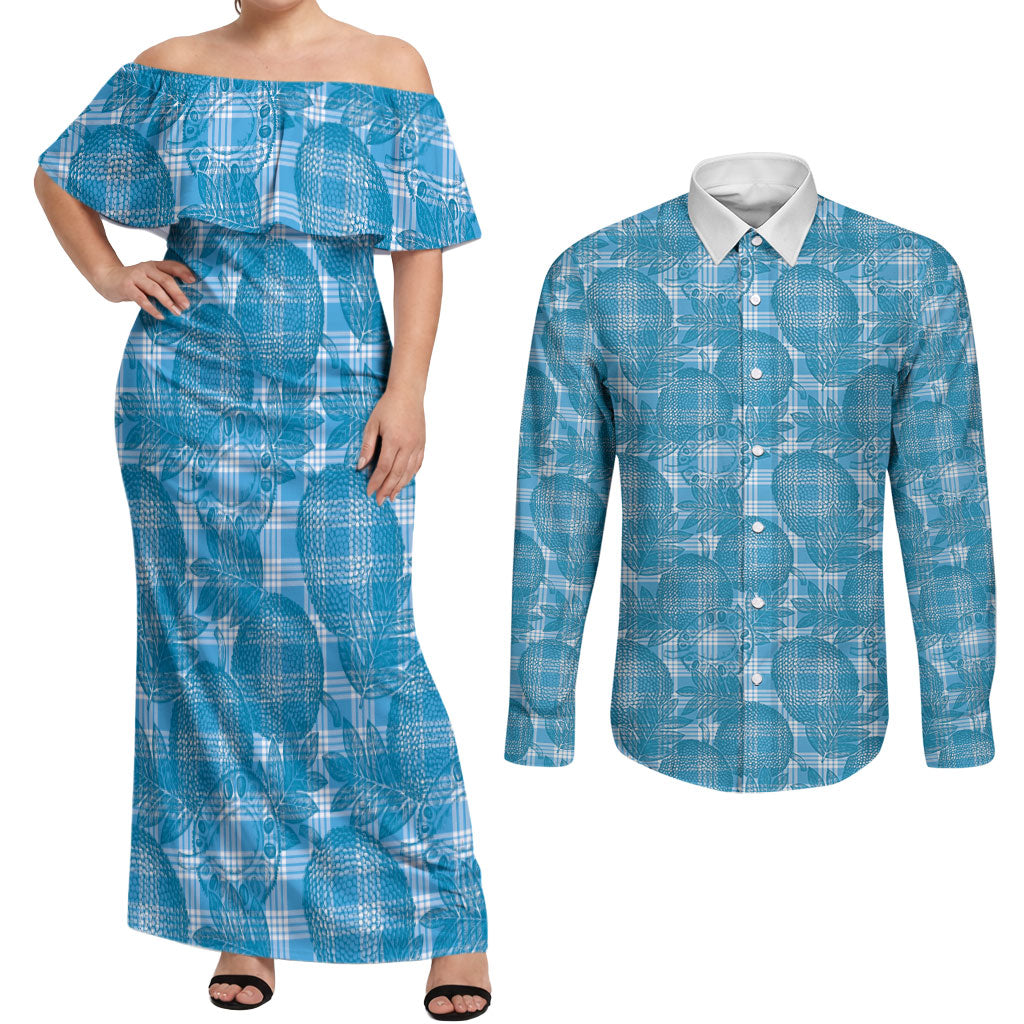 Polu Hawaii Breadfruit Palaka Motifs Couples Matching Off Shoulder Maxi Dress and Long Sleeve Button Shirt LT14 Blue - Polynesian Pride