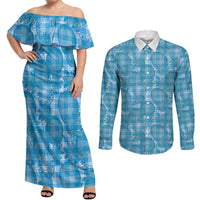 Polu Hawaii Breadfruit Palaka Motifs Couples Matching Off Shoulder Maxi Dress and Long Sleeve Button Shirt LT14 Blue - Polynesian Pride