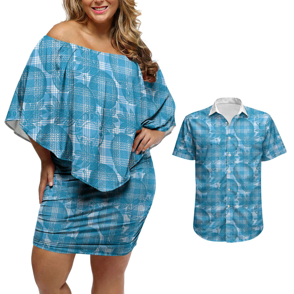 Polu Hawaii Breadfruit Palaka Motifs Couples Matching Off Shoulder Short Dress and Hawaiian Shirt LT14 Blue - Polynesian Pride