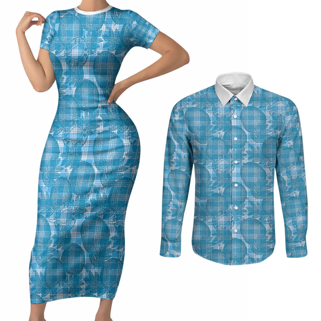Polu Hawaii Breadfruit Palaka Motifs Couples Matching Short Sleeve Bodycon Dress and Long Sleeve Button Shirt LT14 Blue - Polynesian Pride