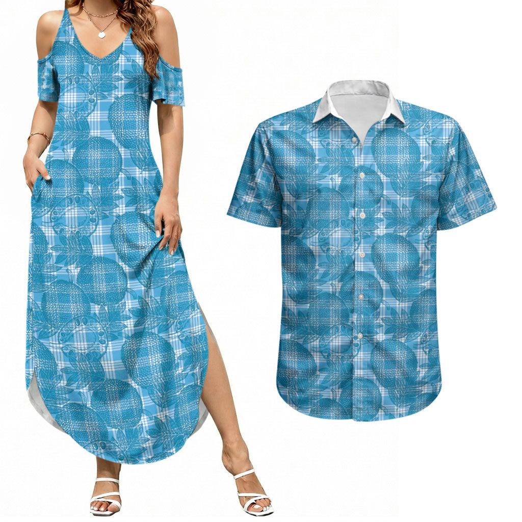 Polu Hawaii Breadfruit Palaka Motifs Couples Matching Summer Maxi Dress and Hawaiian Shirt LT14 Blue - Polynesian Pride