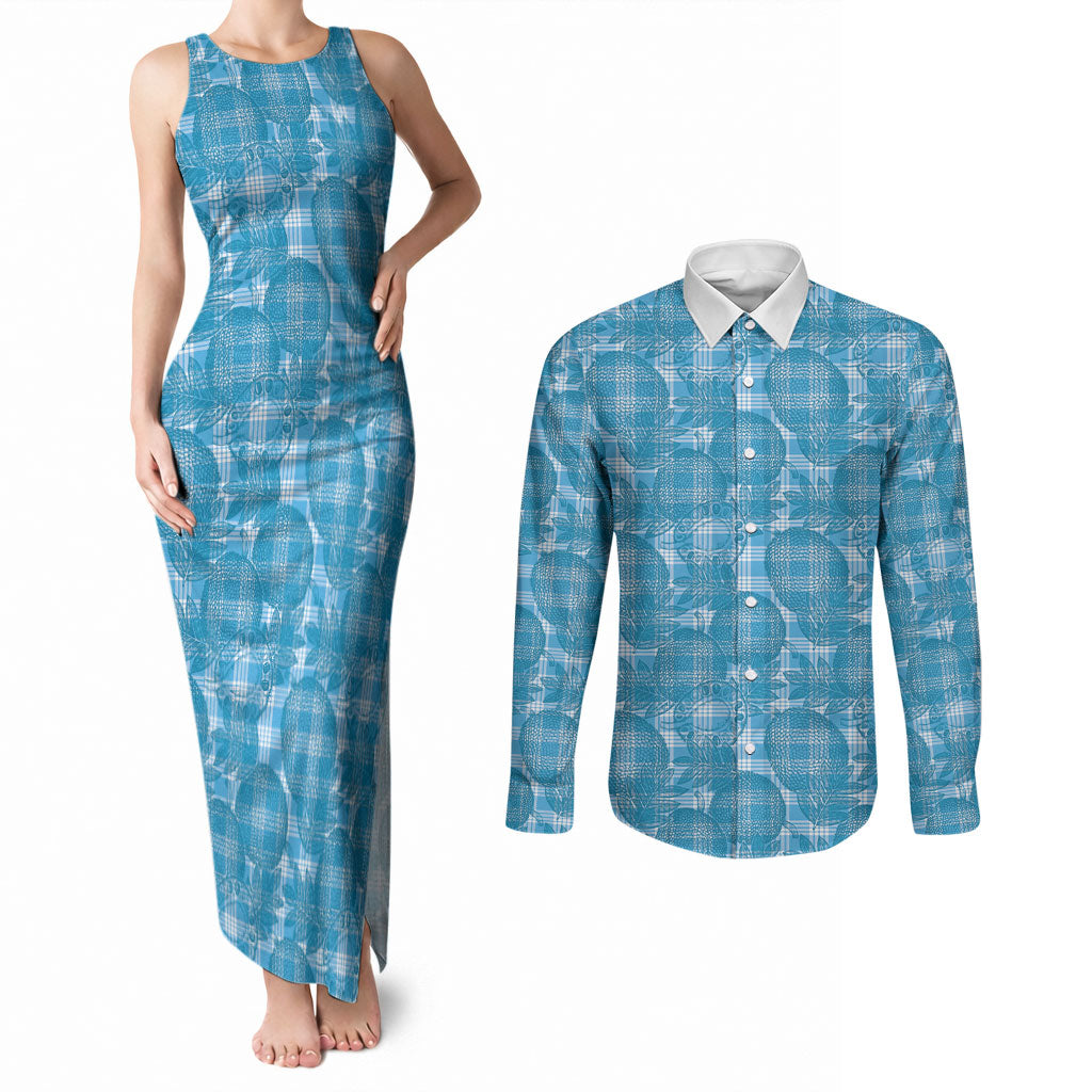 Polu Hawaii Breadfruit Palaka Motifs Couples Matching Tank Maxi Dress and Long Sleeve Button Shirt LT14 Blue - Polynesian Pride