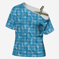 Polu Hawaii Breadfruit Palaka Motifs Cross Shoulder Shirt LT14 Female Blue - Polynesian Pride