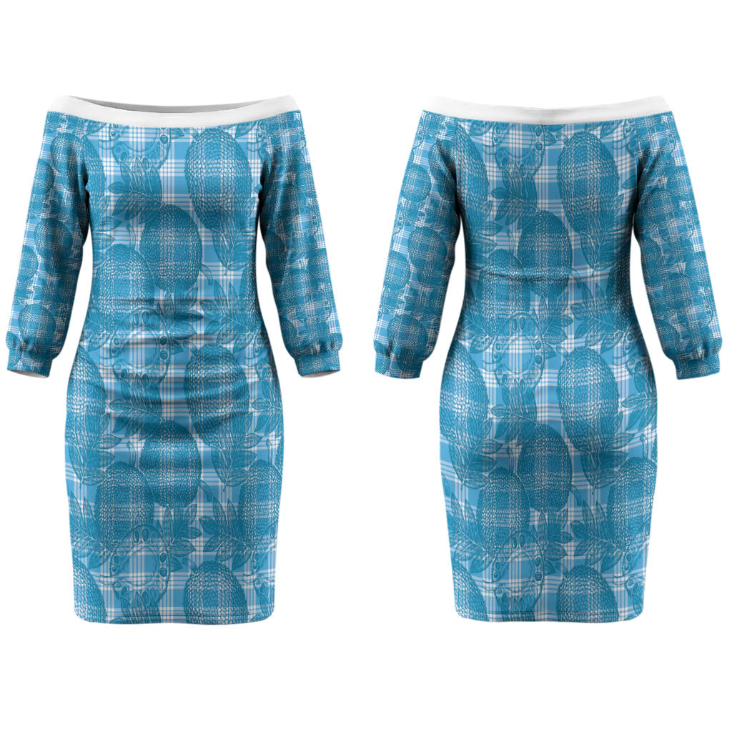 Polu Hawaii Breadfruit Palaka Motifs Family Matching Off The Shoulder Long Sleeve Dress and Hawaiian Shirt LT14 Mom's Dress Blue - Polynesian Pride