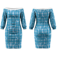 Polu Hawaii Breadfruit Palaka Motifs Family Matching Off The Shoulder Long Sleeve Dress and Hawaiian Shirt LT14 Mom's Dress Blue - Polynesian Pride