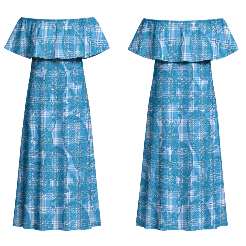 Polu Hawaii Breadfruit Palaka Motifs Family Matching Off Shoulder Maxi Dress and Hawaiian Shirt LT14 Mom's Dress Blue - Polynesian Pride