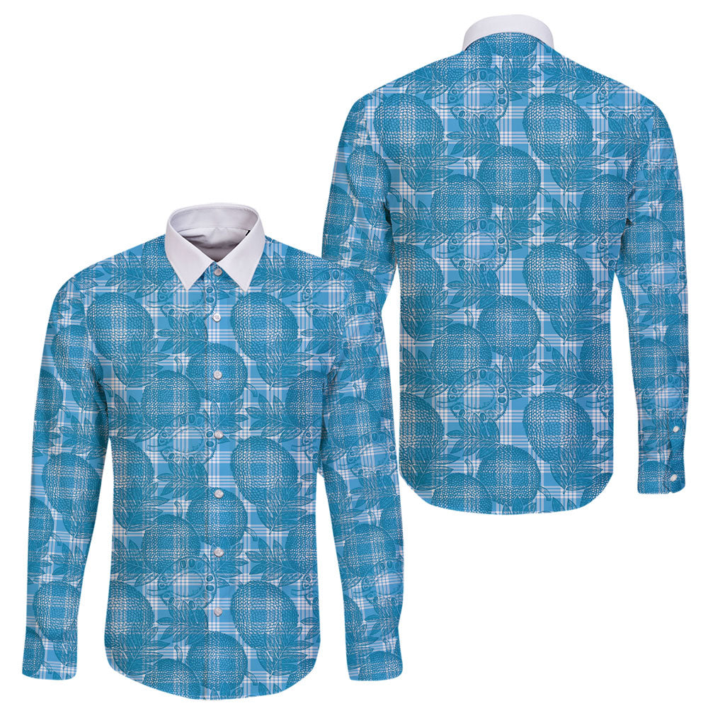 Polu Hawaii Breadfruit Palaka Motifs Family Matching Summer Maxi Dress and Hawaiian Shirt LT14 Dad's Shirt - Long Sleeve Blue - Polynesian Pride