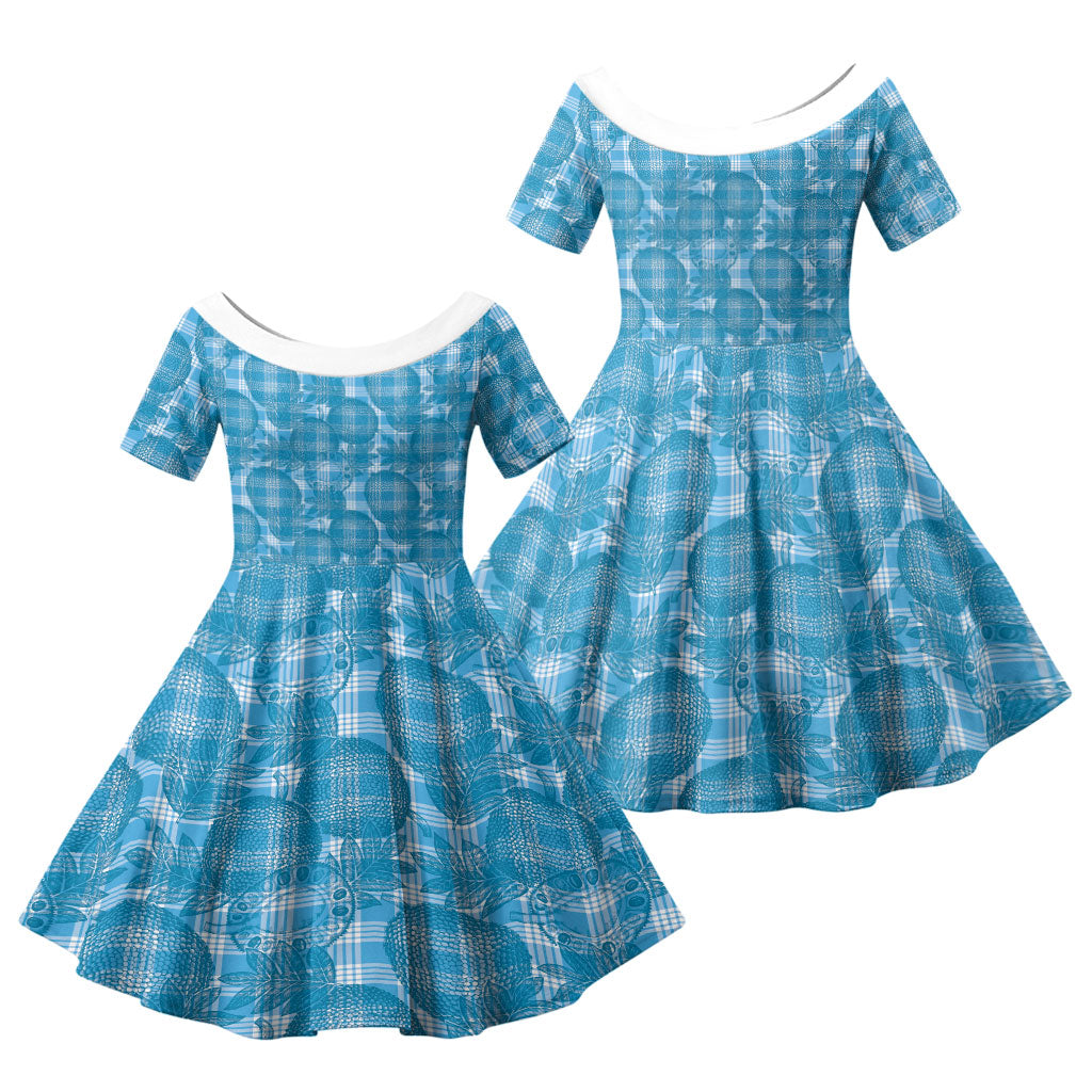 Polu Hawaii Breadfruit Palaka Motifs Family Matching Summer Maxi Dress and Hawaiian Shirt LT14 Daughter's Dress Blue - Polynesian Pride