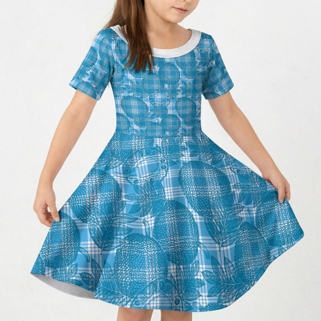 Polu Hawaii Breadfruit Palaka Motifs Kid Short Sleeve Dress LT14 KID Blue - Polynesian Pride