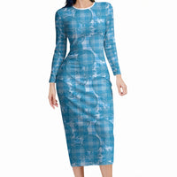 Polu Hawaii Breadfruit Palaka Motifs Long Sleeve Bodycon Dress LT14 Long Dress Blue - Polynesian Pride