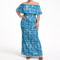 Polu Hawaii Breadfruit Palaka Motifs Off Shoulder Maxi Dress LT14 Women Blue - Polynesian Pride