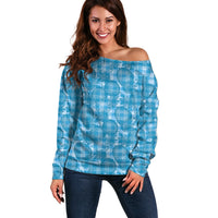 Polu Hawaii Breadfruit Palaka Motifs Off Shoulder Sweater LT14 Women Blue - Polynesian Pride