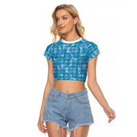 Polu Hawaii Breadfruit Palaka Motifs Raglan Cropped T Shirt LT14 Female Blue - Polynesian Pride