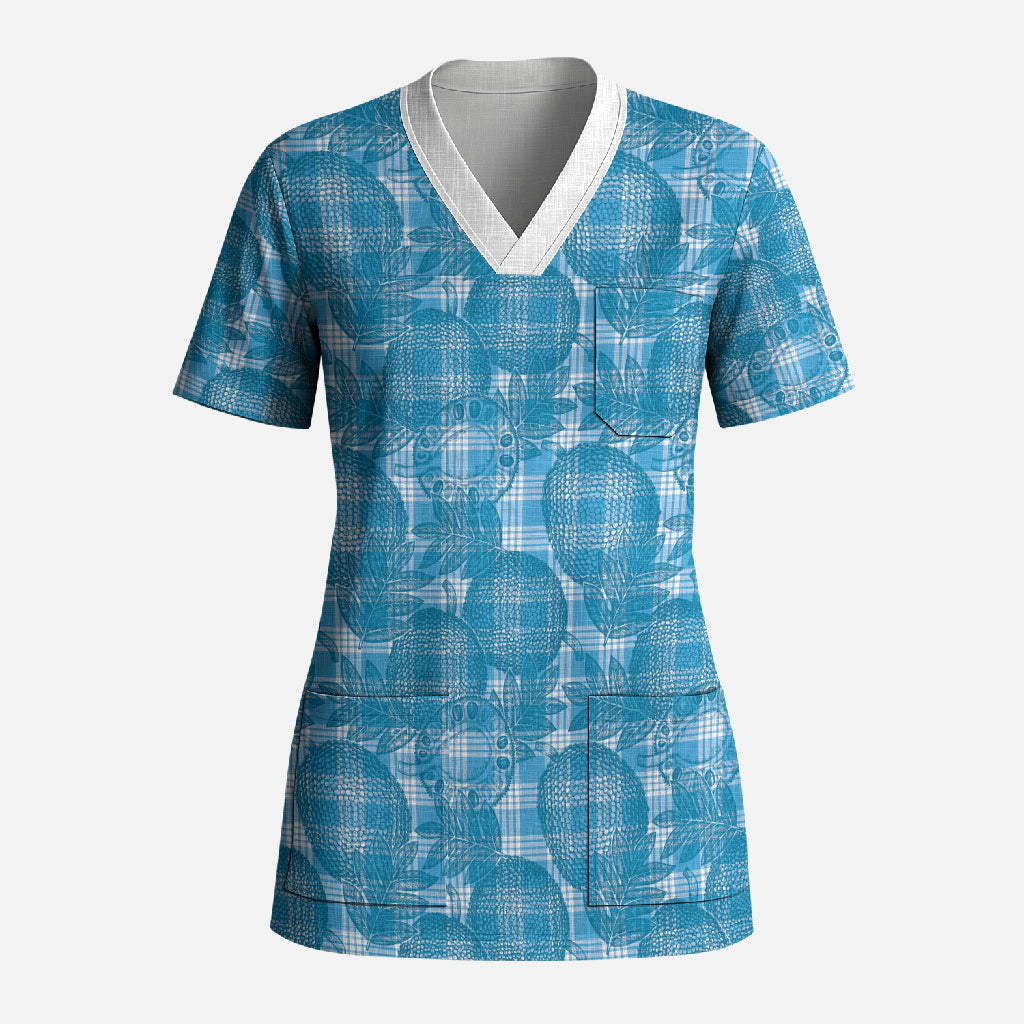 Polu Hawaii Breadfruit Palaka Motifs Scrub Top LT14 Adult Blue - Polynesian Pride