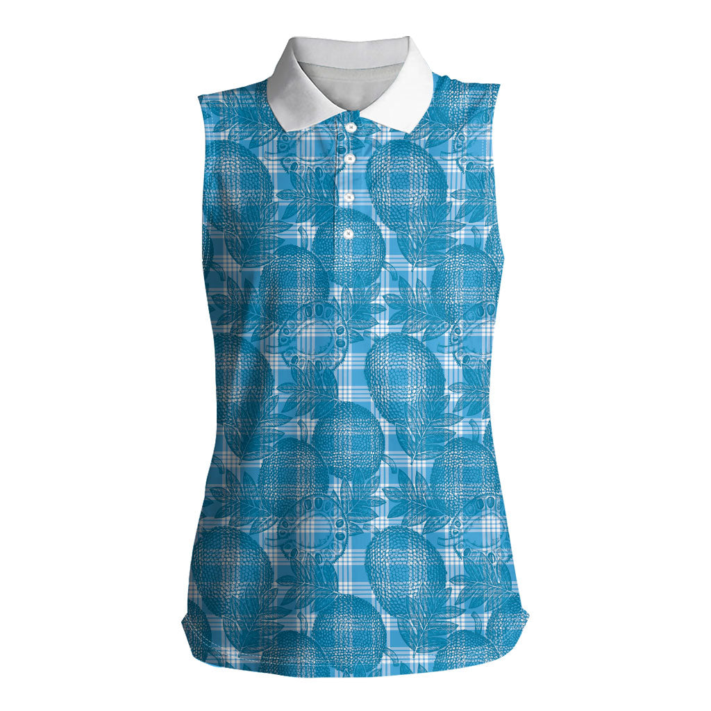 Polu Hawaii Breadfruit Palaka Motifs Women Sleeveless Polo Shirt LT14 Female Blue - Polynesian Pride