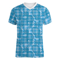 Polu Hawaii Breadfruit Palaka Motifs Women V-Neck T-Shirt LT14 Female Blue - Polynesian Pride