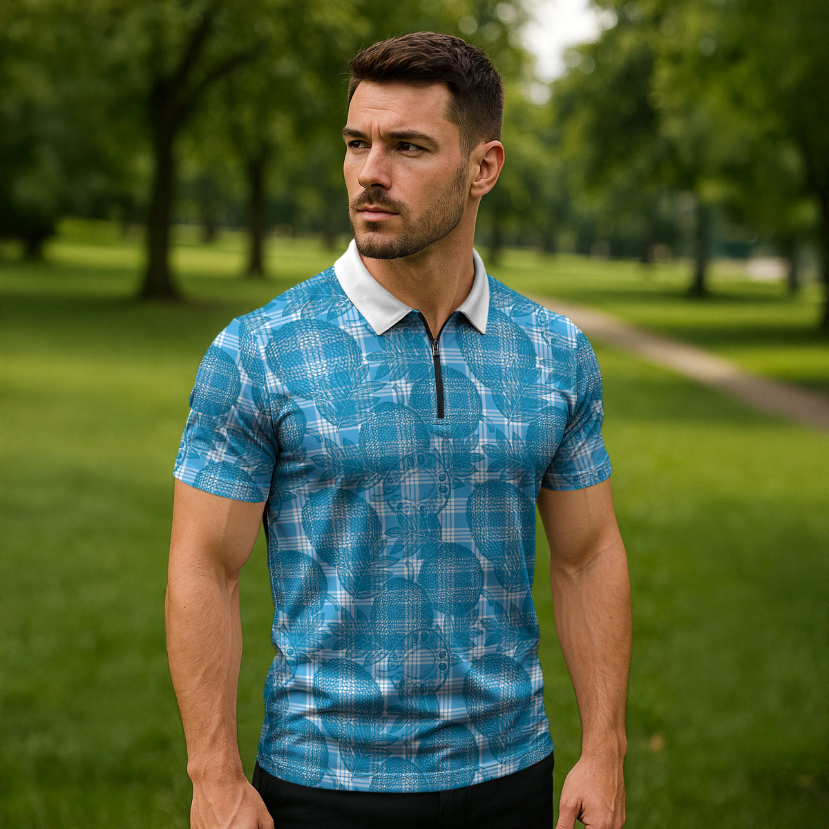 Polu Hawaii Breadfruit Palaka Motifs Zipper Polo Shirt LT14 - Polynesian Pride