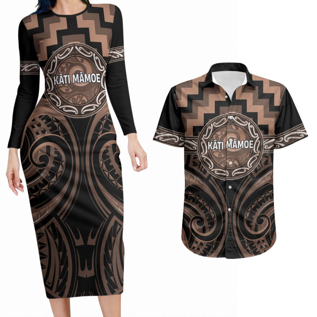 Aotearoa Kati Mamoe Personalised Couples Matching Long Sleeve Bodycon Dress and Hawaiian Shirt Maori Iwi Poutama Puhoro Tattoo LT14 Brown - Polynesian Pride