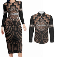 Aotearoa Kati Mamoe Personalised Couples Matching Long Sleeve Bodycon Dress and Long Sleeve Button Shirt Maori Iwi Poutama Puhoro Tattoo LT14 Brown - Polynesian Pride