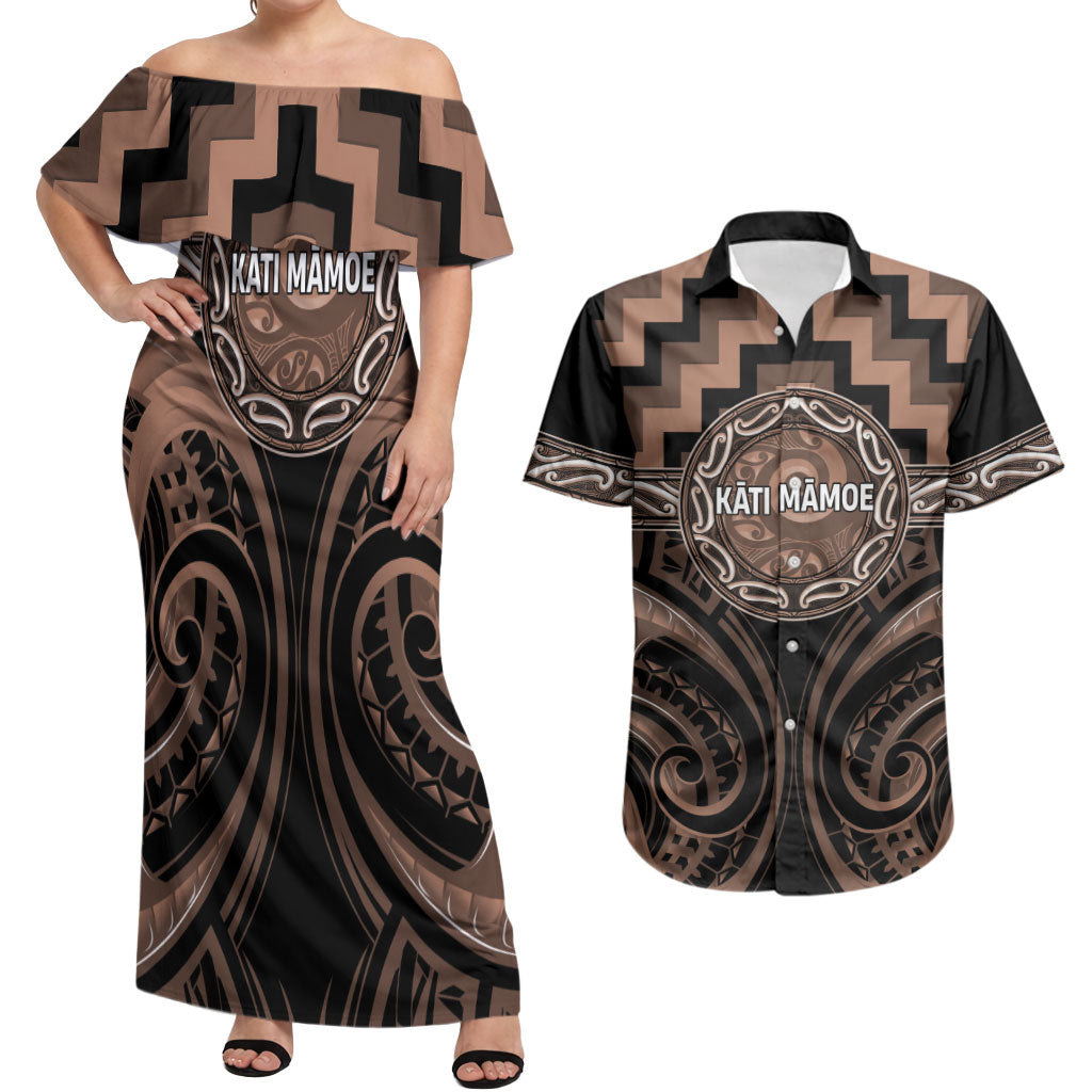 Aotearoa Kati Mamoe Personalised Couples Matching Off Shoulder Maxi Dress and Hawaiian Shirt Maori Iwi Poutama Puhoro Tattoo LT14 Brown - Polynesian Pride