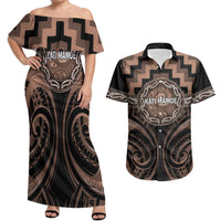 Aotearoa Kati Mamoe Personalised Couples Matching Off Shoulder Maxi Dress and Hawaiian Shirt Maori Iwi Poutama Puhoro Tattoo LT14 Brown - Polynesian Pride