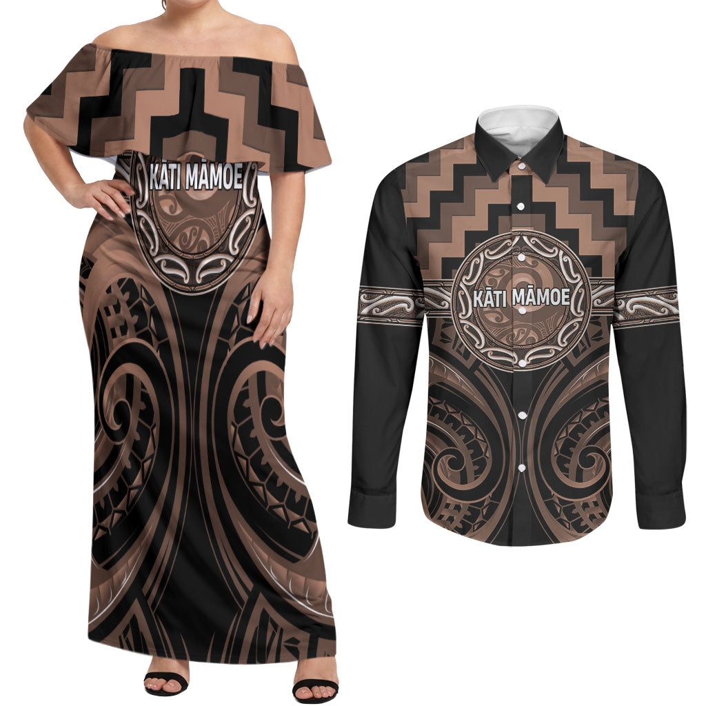 Aotearoa Kati Mamoe Personalised Couples Matching Off Shoulder Maxi Dress and Long Sleeve Button Shirt Maori Iwi Poutama Puhoro Tattoo