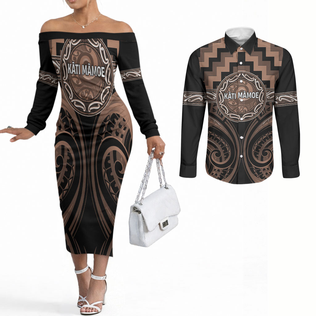 Aotearoa Kati Mamoe Personalised Couples Matching Off The Shoulder Long Sleeve Dress and Long Sleeve Button Shirt Maori Iwi Poutama Puhoro Tattoo