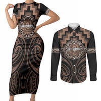 Aotearoa Kati Mamoe Personalised Couples Matching Short Sleeve Bodycon Dress and Long Sleeve Button Shirt Maori Iwi Poutama Puhoro Tattoo LT14 Brown - Polynesian Pride