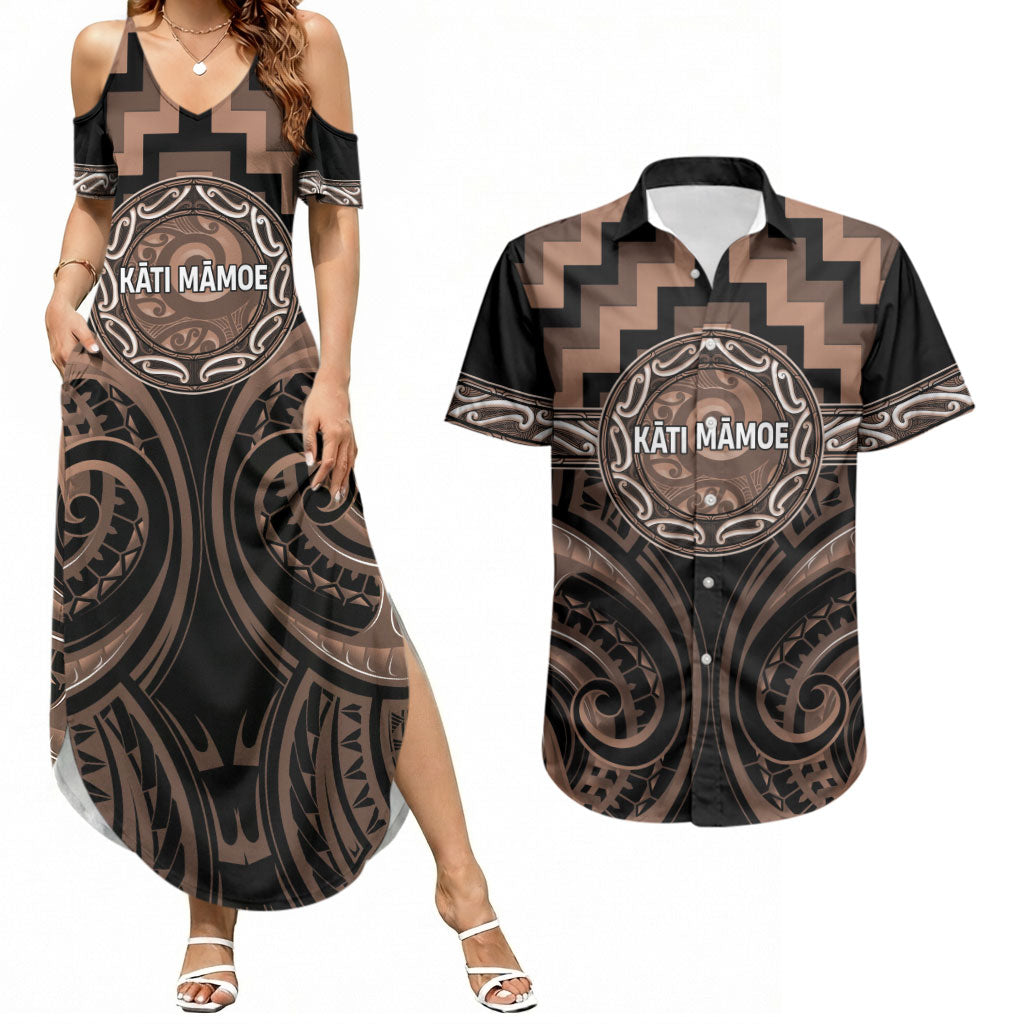 Aotearoa Kati Mamoe Personalised Couples Matching Summer Maxi Dress and Hawaiian Shirt Maori Iwi Poutama Puhoro Tattoo LT14 Brown - Polynesian Pride