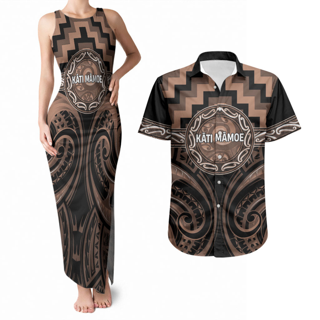 Aotearoa Kati Mamoe Personalised Couples Matching Tank Maxi Dress and Hawaiian Shirt Maori Iwi Poutama Puhoro Tattoo LT14 Brown - Polynesian Pride