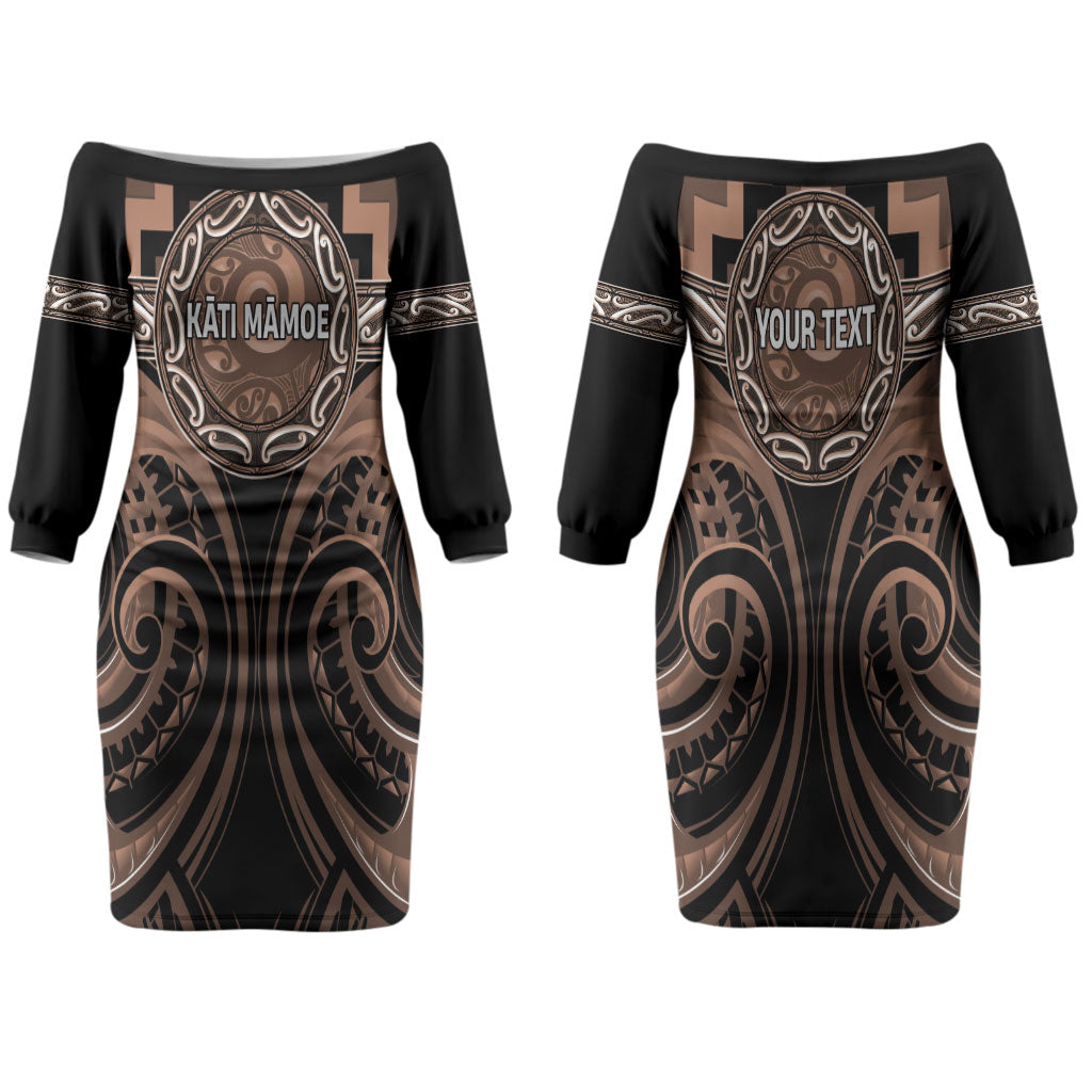 Aotearoa Kati Mamoe Personalised Family Matching Off The Shoulder Long Sleeve Dress and Hawaiian Shirt Maori Iwi Poutama Puhoro Tattoo LT14 Mom's Dress Brown - Polynesian Pride