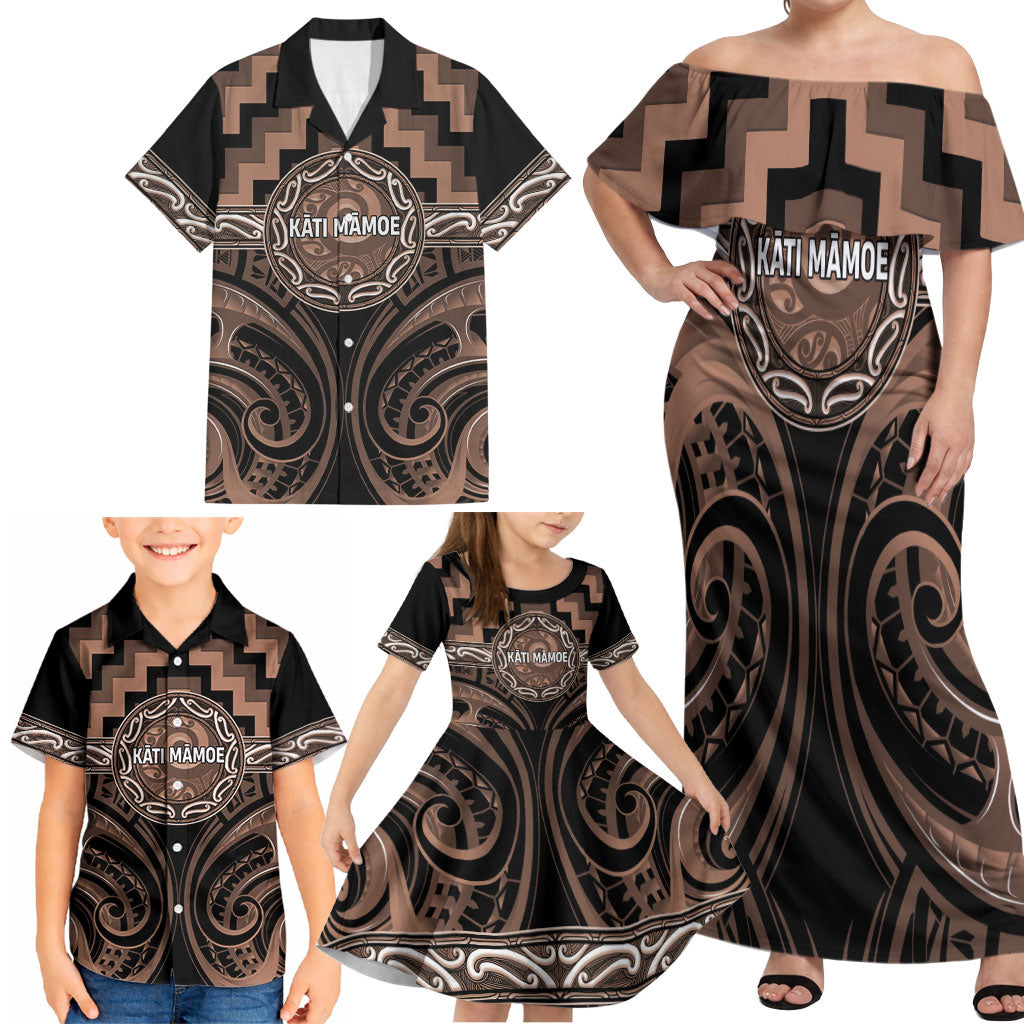 Aotearoa Kati Mamoe Personalised Family Matching Off Shoulder Maxi Dress and Hawaiian Shirt Maori Iwi Poutama Puhoro Tattoo LT14 - Polynesian Pride