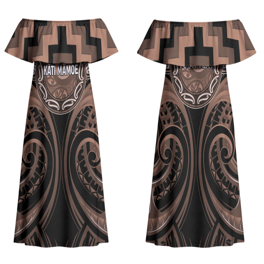 Aotearoa Kati Mamoe Personalised Family Matching Off Shoulder Maxi Dress and Hawaiian Shirt Maori Iwi Poutama Puhoro Tattoo LT14 Mom's Dress Brown - Polynesian Pride