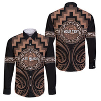 Aotearoa Kati Mamoe Personalised Family Matching Off Shoulder Maxi Dress and Hawaiian Shirt Maori Iwi Poutama Puhoro Tattoo LT14 Dad's Shirt - Long Sleeve Brown - Polynesian Pride