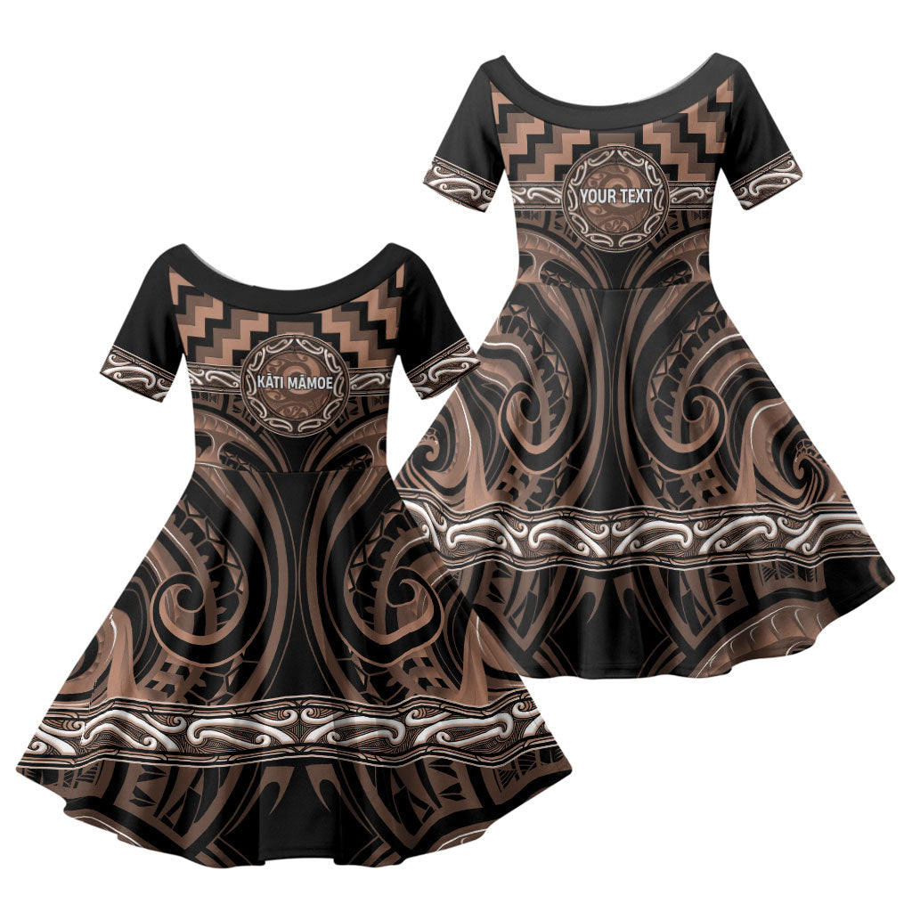 Aotearoa Kati Mamoe Personalised Family Matching Off Shoulder Maxi Dress and Hawaiian Shirt Maori Iwi Poutama Puhoro Tattoo LT14 Daughter's Dress Brown - Polynesian Pride