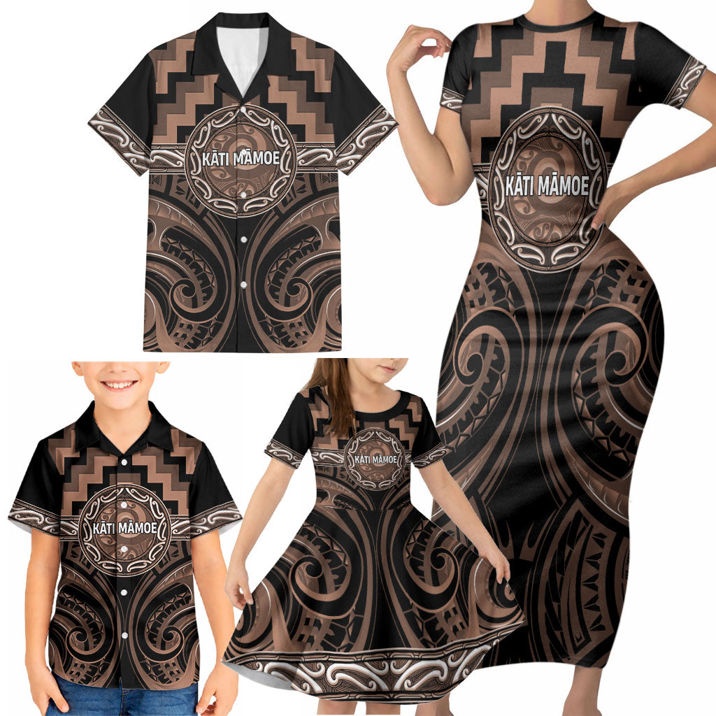 Aotearoa Kati Mamoe Personalised Family Matching Short Sleeve Bodycon Dress and Hawaiian Shirt Maori Iwi Poutama Puhoro Tattoo LT14 - Polynesian Pride
