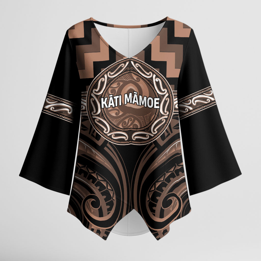 Aotearoa Kati Mamoe Personalised Kimono Sleeve Blouse Maori Iwi Poutama Puhoro Tattoo LT14 Female Brown - Polynesian Pride