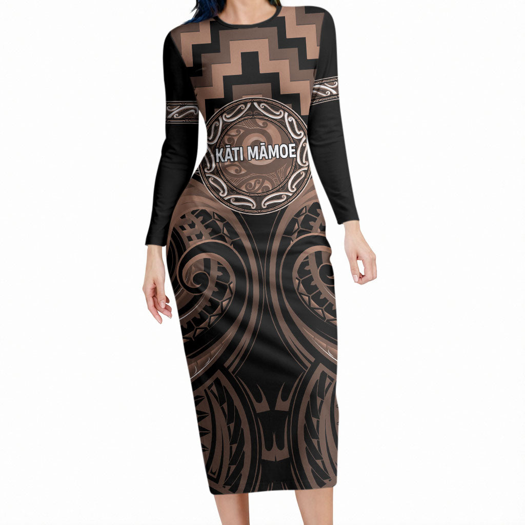 Aotearoa Kati Mamoe Personalised Long Sleeve Bodycon Dress Maori Iwi Poutama Puhoro Tattoo LT14 Long Dress Brown - Polynesian Pride