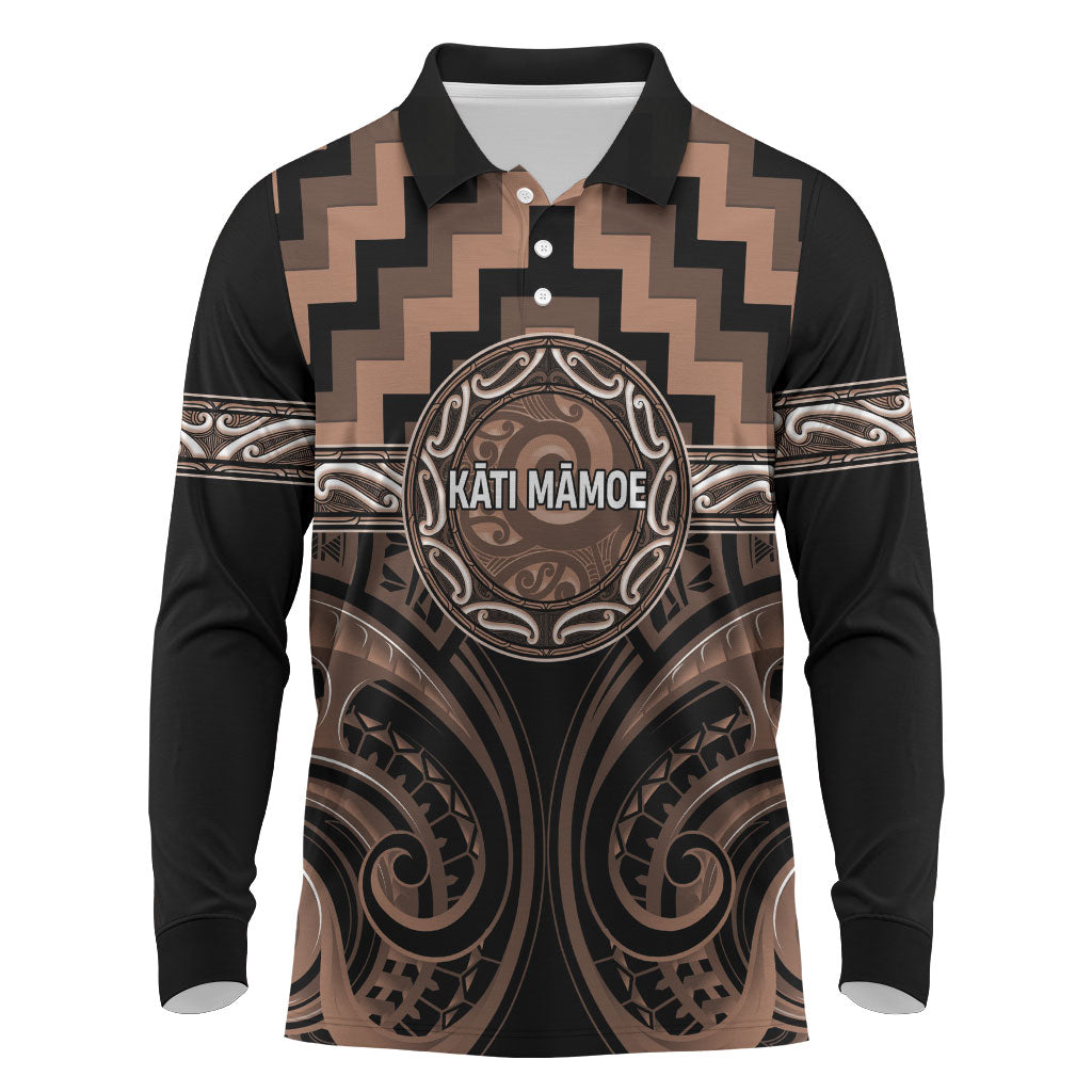 Aotearoa Kati Mamoe Personalised Long Sleeve Polo Shirt Maori Iwi Poutama Puhoro Tattoo LT14 Brown - Polynesian Pride