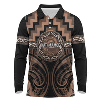 Aotearoa Kati Mamoe Personalised Long Sleeve Polo Shirt Maori Iwi Poutama Puhoro Tattoo LT14 Brown - Polynesian Pride
