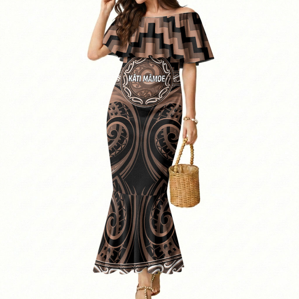 Aotearoa Kati Mamoe Personalised Mermaid Dress Maori Iwi Poutama Puhoro Tattoo LT14 Women Brown - Polynesian Pride