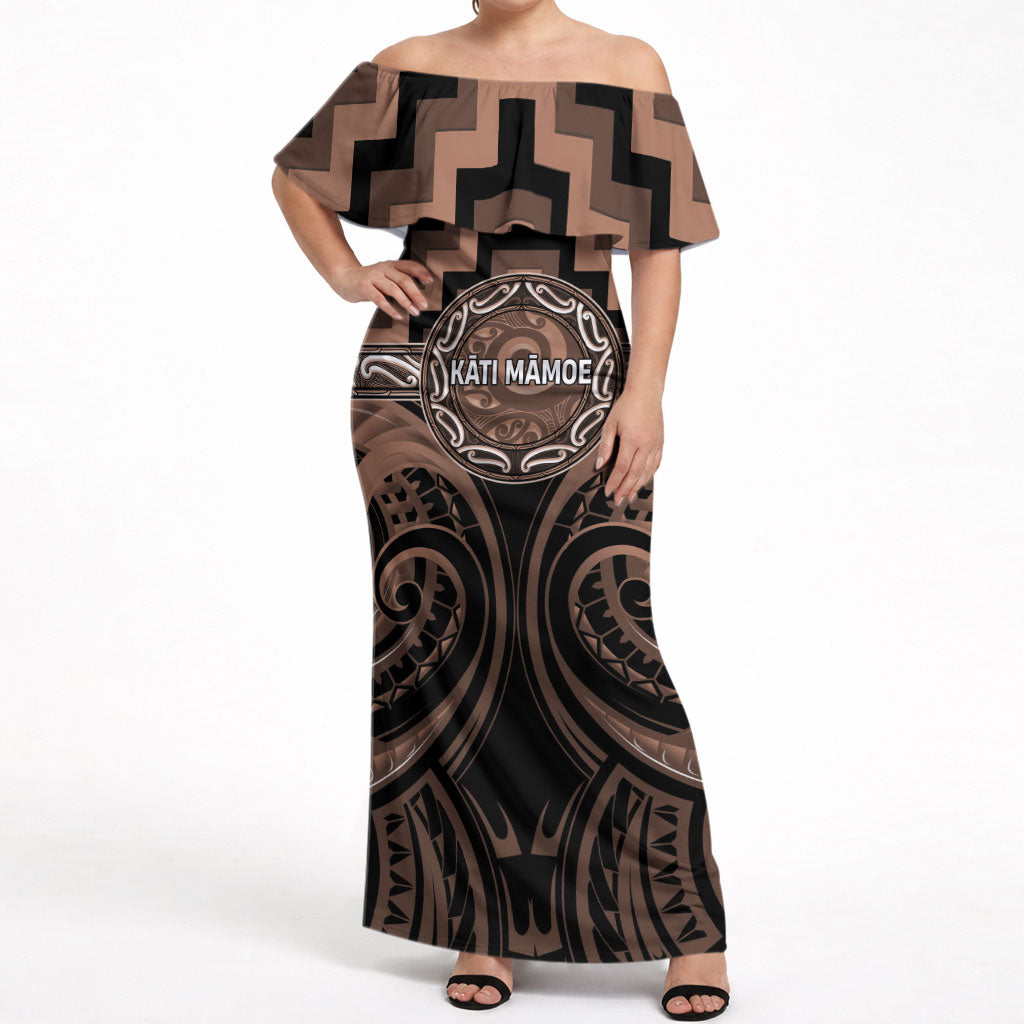 Aotearoa Kati Mamoe Personalised Off Shoulder Maxi Dress Maori Iwi Poutama Puhoro Tattoo LT14 Women Brown - Polynesian Pride