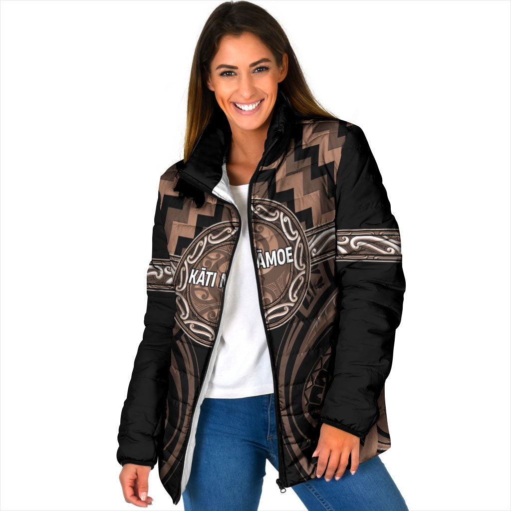 Aotearoa Kati Mamoe Personalised Padded Jacket Maori Iwi Poutama Puhoro Tattoo LT14 Women Brown - Polynesian Pride