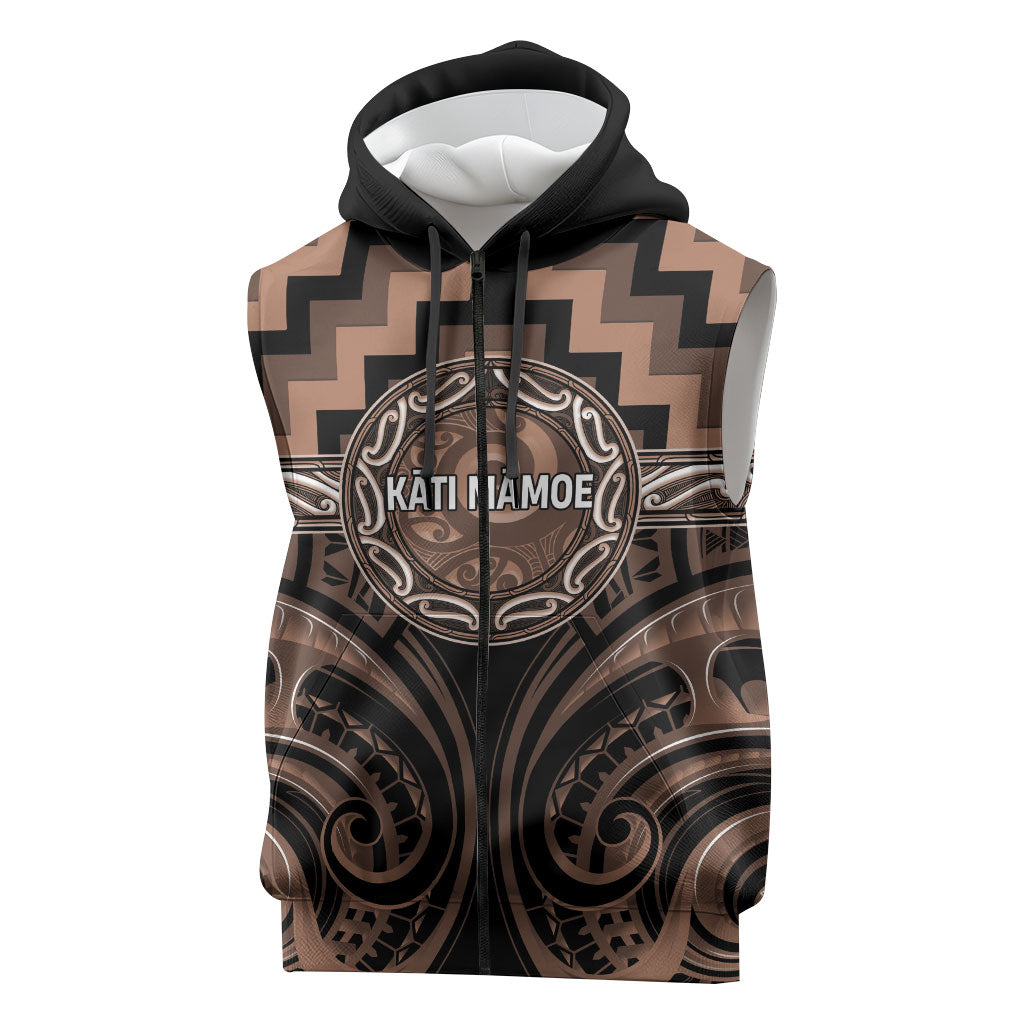 Aotearoa Kati Mamoe Personalised Sleeveless Zip Hoodie Maori Iwi Poutama Puhoro Tattoo LT14 Brown - Polynesian Pride