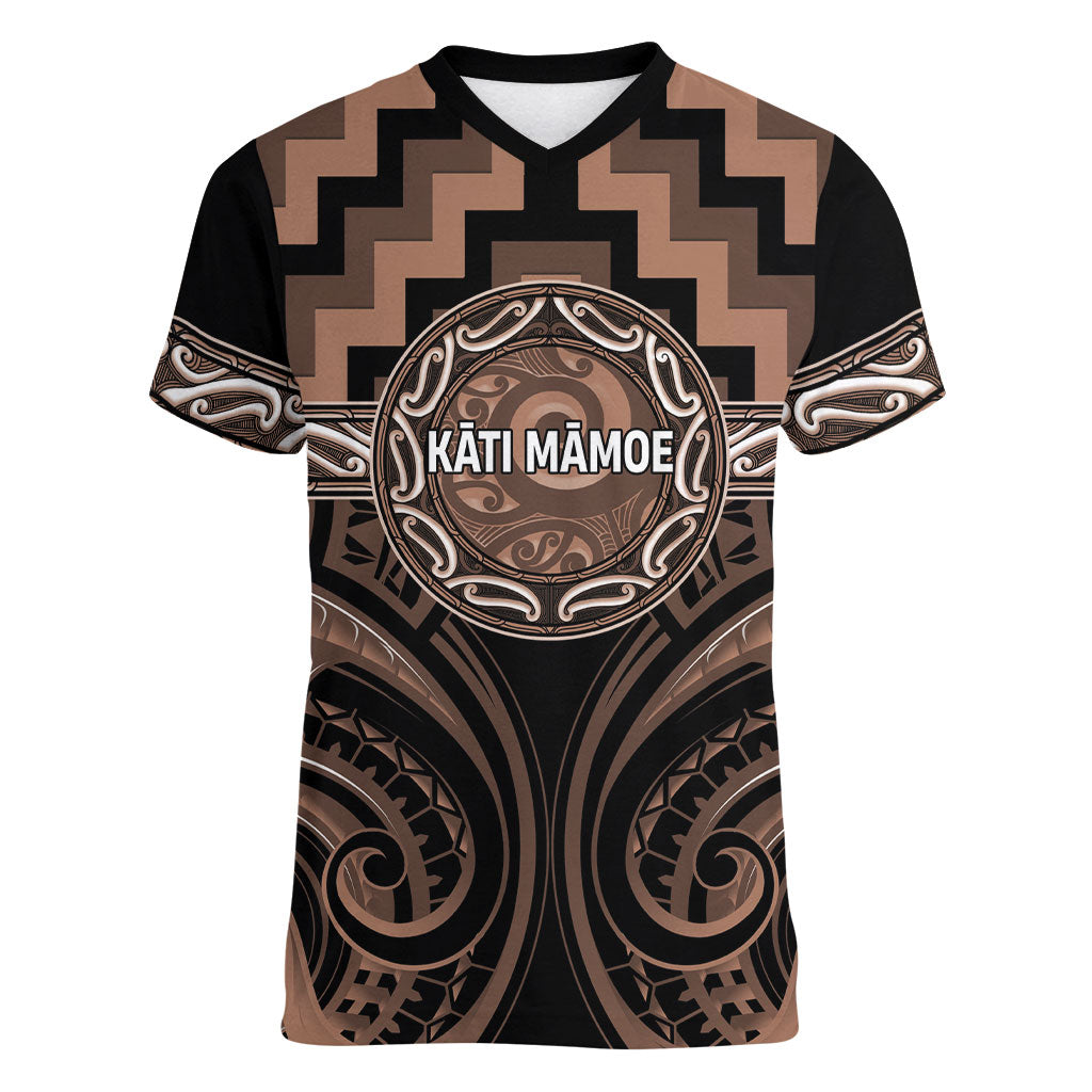 Aotearoa Kati Mamoe Personalised Women V-Neck T-Shirt Maori Iwi Poutama Puhoro Tattoo LT14 Female Brown - Polynesian Pride