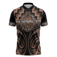 Aotearoa Kati Mamoe Personalised Zipper Polo Shirt Maori Iwi Poutama Puhoro Tattoo LT14 Brown - Polynesian Pride