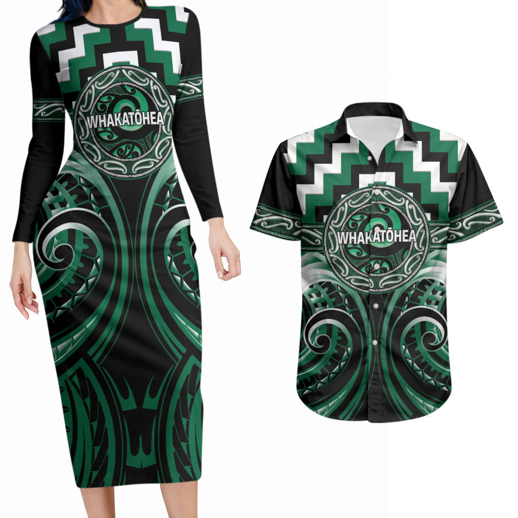 Aotearoa Whakatohea Personalised Couples Matching Long Sleeve Bodycon Dress and Hawaiian Shirt Maori Iwi Poutama Puhoro Tattoo LT14 Green - Polynesian Pride